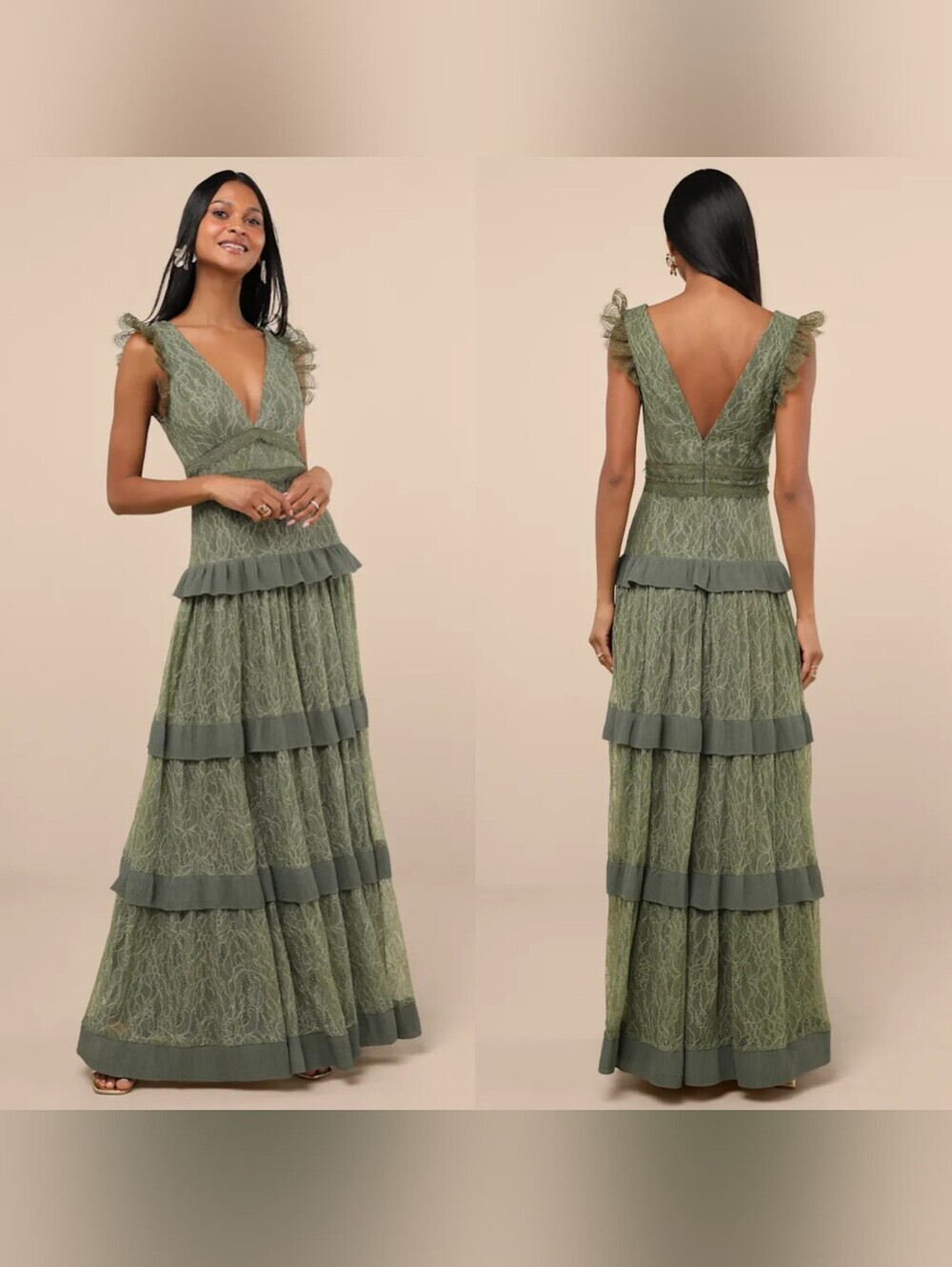 Lulus Marvelous Darling Olive Lace Ruffled Tiered Maxi Dress XL Wedding Party